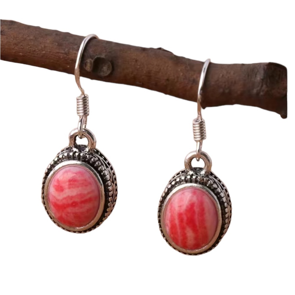 Pink Rhodolite Oval Stone and Silver Earrings